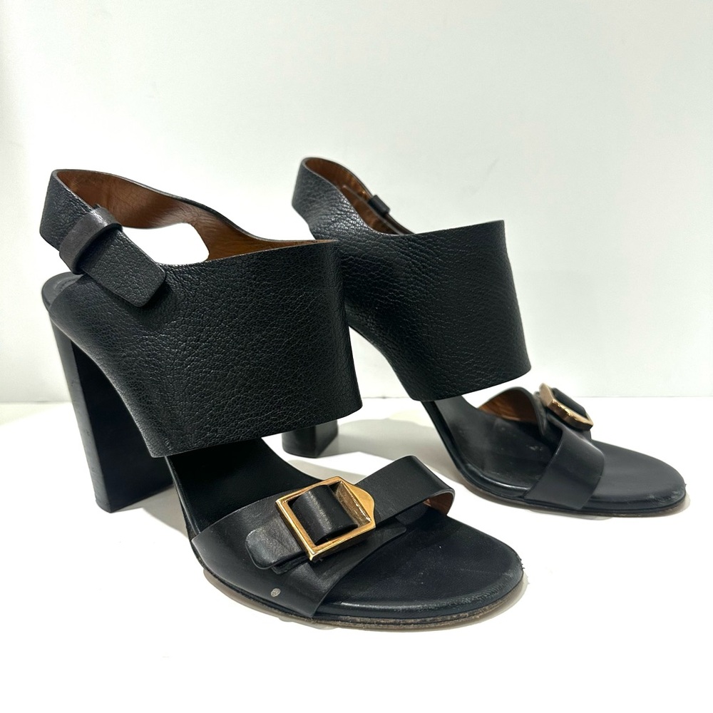 Chloe Black Leather Open Toe Gold Buckle Block Heels Size EU 40 US 10